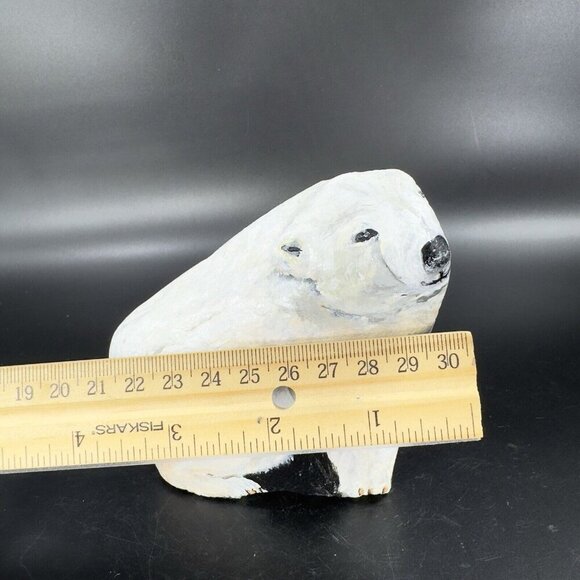 Hand Painted Folk Art Stone Paperweight Figurine Polar Bear Heavy Signed Lejman - Picture 8 of 15